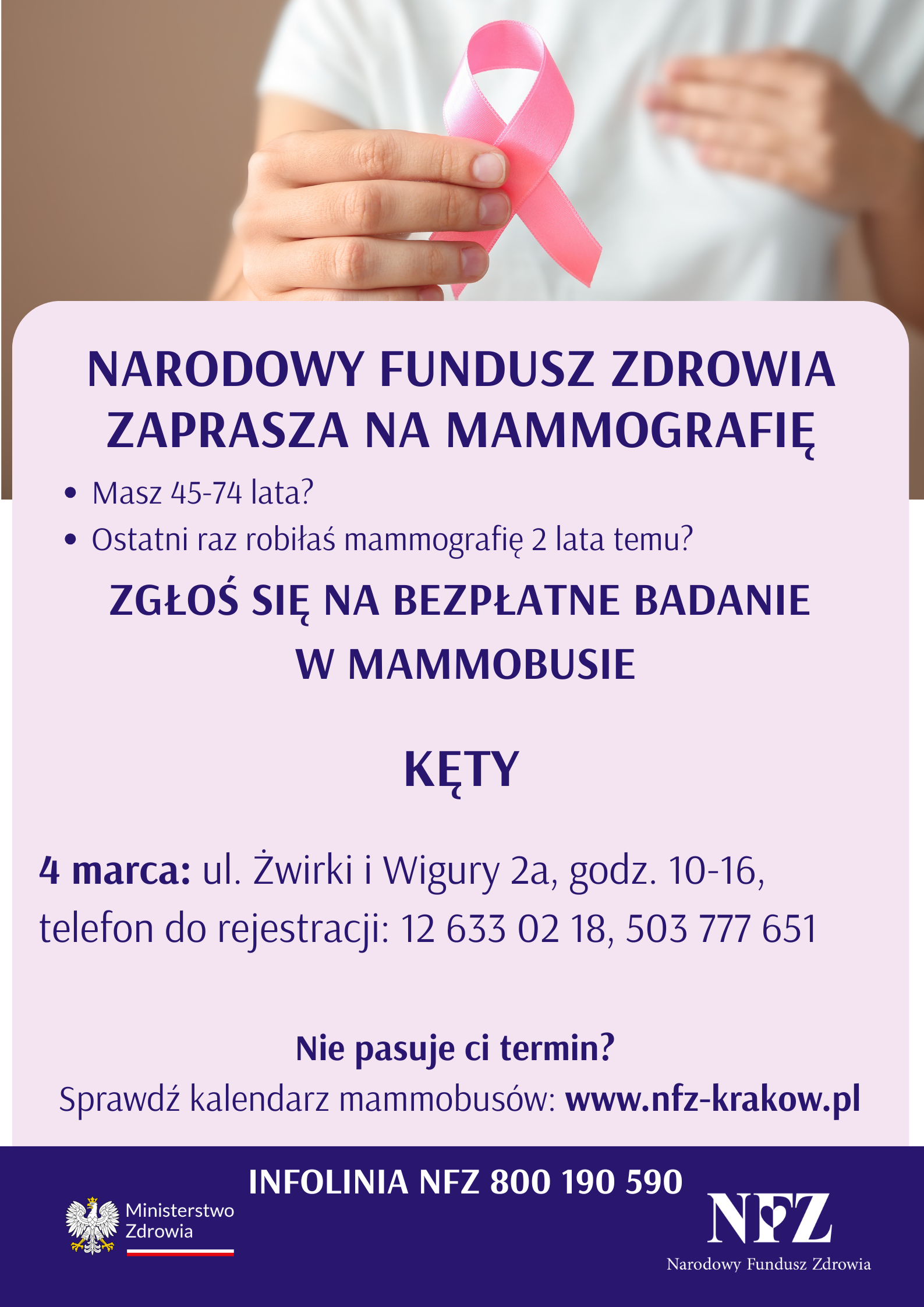Plakat informujący o badaniach mammograficznych w mammobusie w Kętach 5 marca 2025 roku