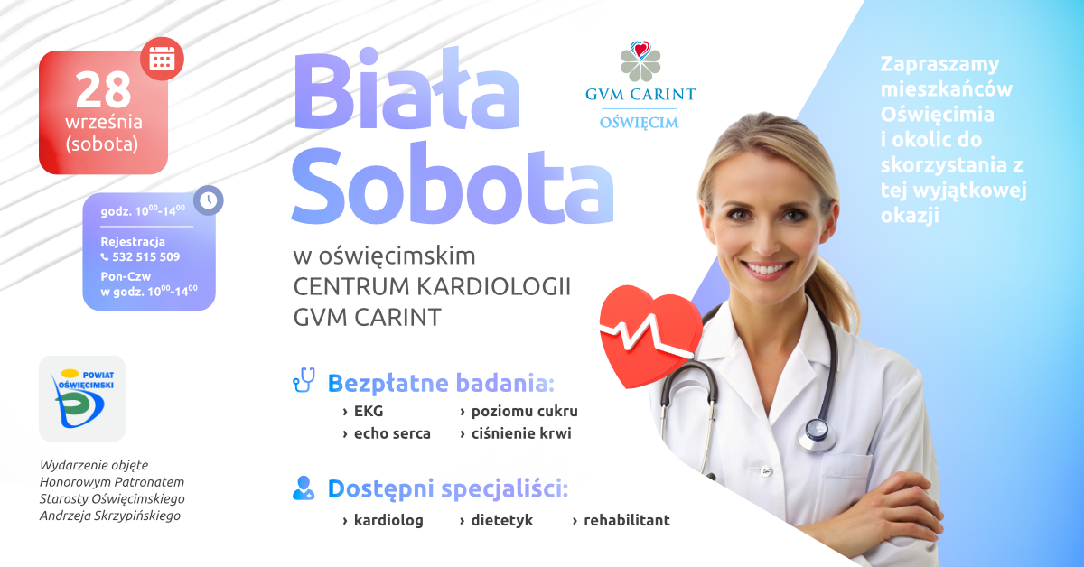 Zaproszenie na Białą Sobotę w GVM Carint w Oświęcimiu z podaną datą wydarzenia, godzinami otwarcia, badaniami i twarzą lekarki