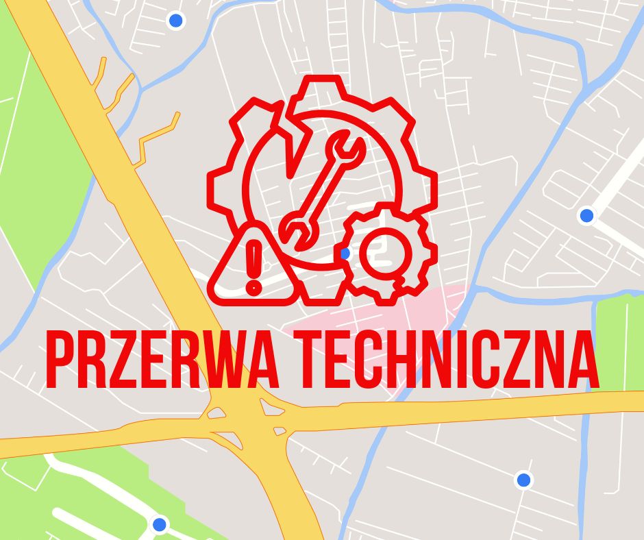 Grafika z mapą i symbolem przerwy technicznej