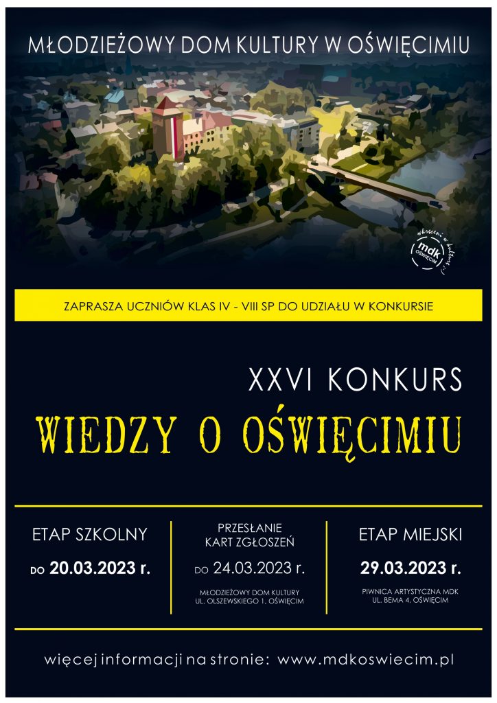 Na grafice przekształcone zdjęcie oświęcimskiego zamku z drona oraz informacja o nazwie i terminie konkursu