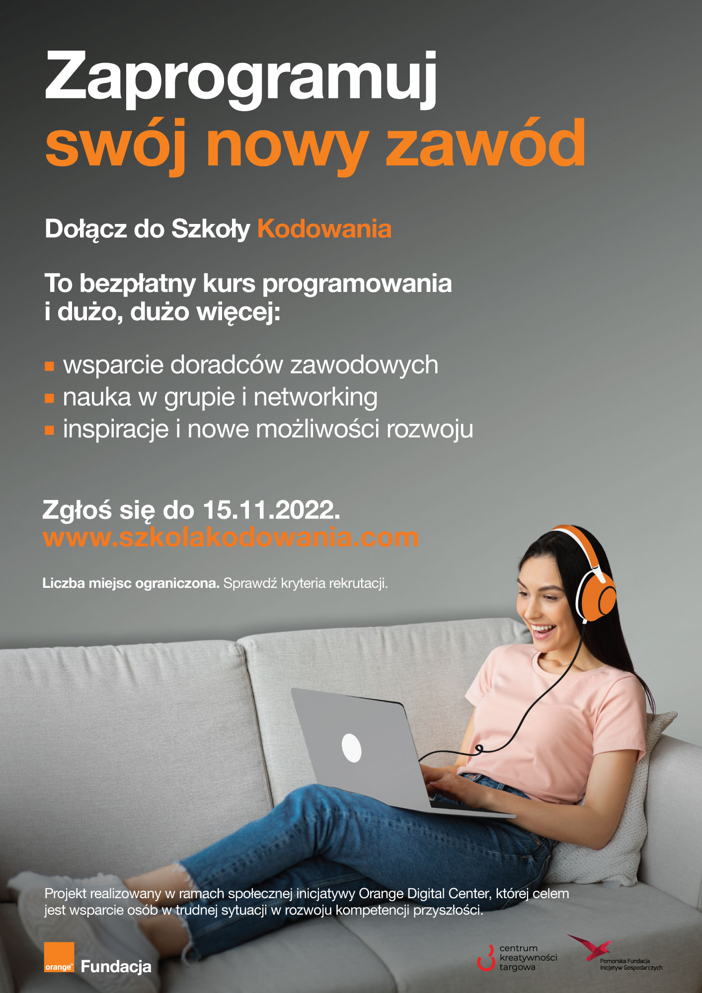 Na grafice informacja o warunkach uczestnictwa w Szkole Kodowania Fundacji Orange.