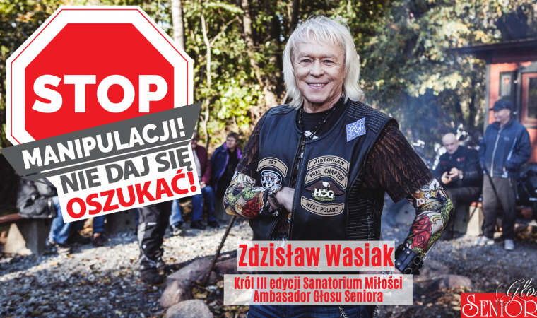 Grafika stop manipulacji nie daj się oszukać. Po prawej stronie mężczyzna ubrany na czarno.