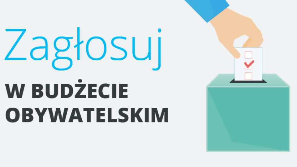 Grafika z urną i ręką wrzucają do niej kartę i napisem zagłosuj w budżecie obywatelskim