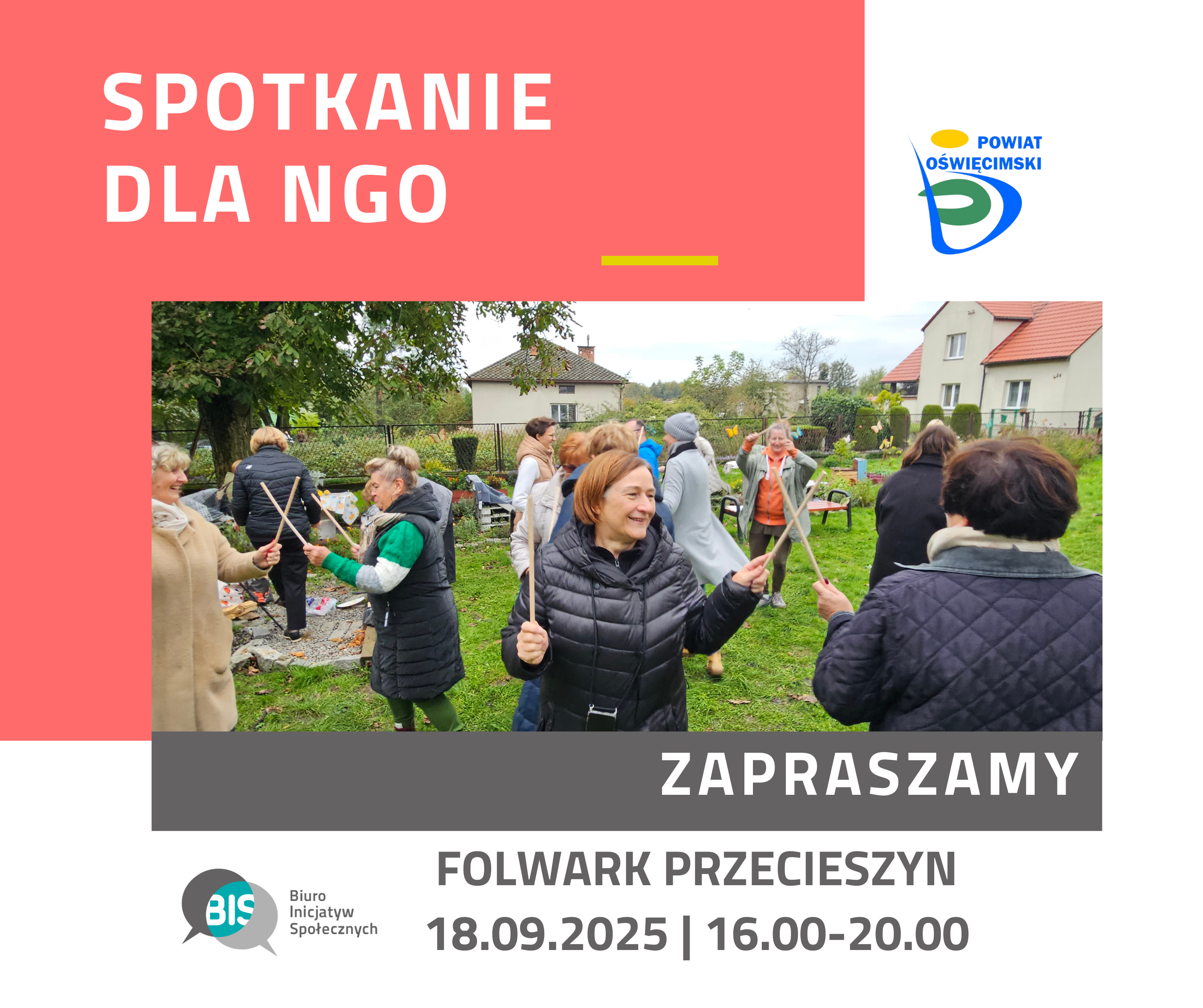 Grafika z napisem Spotkanie dla NGO w Folwarki w Przecieszynie z wpisanym zdjęciem, na którym widać m.in. wicestarostę