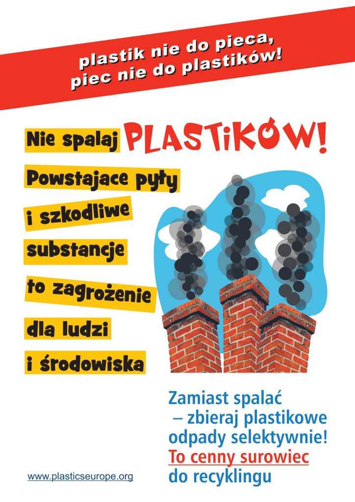 Plakat akcji „Plastik nie do pieca, piec nie do plastików”. Widać kominy, a z nich wylatuje czarny dym.