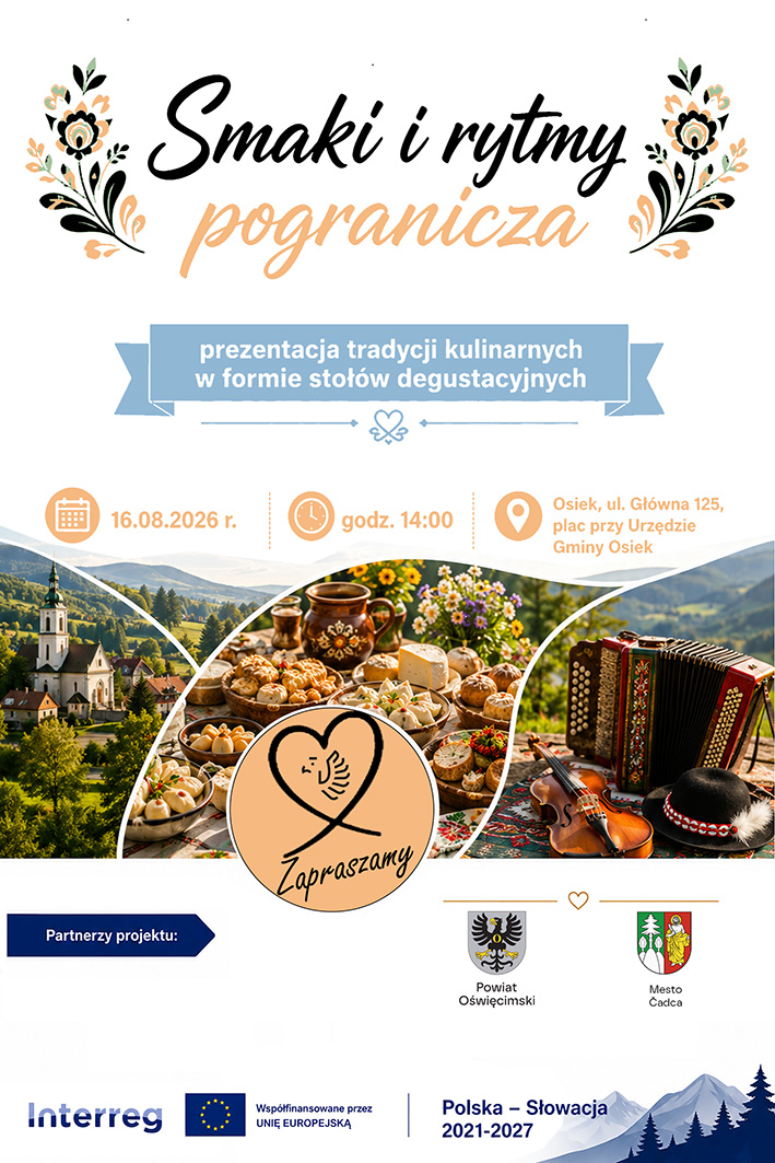 Grafika z tekstem zapraszającym do uczestnictwa w polsko-słowackim wydarzeniu kulinarnym w Osieku