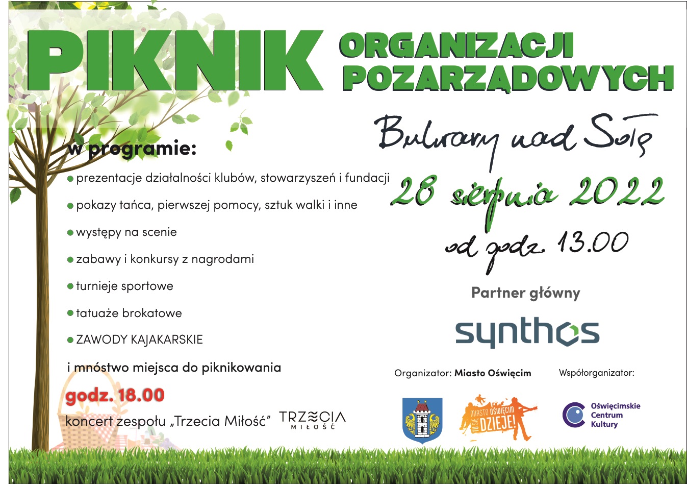 Na plakacie informacja o atrakcjach XVI Pikniku Organizacji Pozarządowych w Oświęcimiu, który odbedzie się 28 sierpnia na oświęcimskich Bulwarach. Na dole lista sposoró i oprganizatorów imprezy.