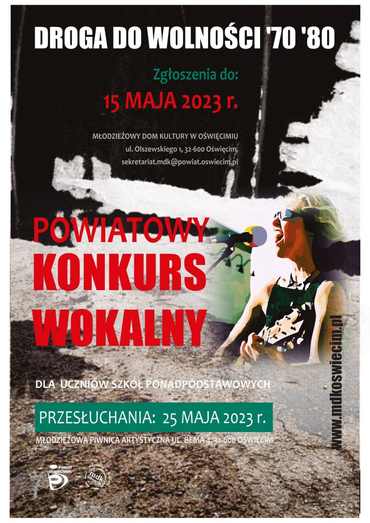 Na plakacie informacja o konkursie wokalnym dla młodzieży ze szkół średnich. W tle sylwetka młodej osoby śpiewającej i grającej na gitarze na scenie