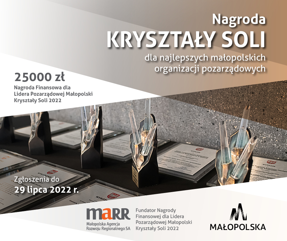 Grafika z informacją o terminie zgłoszania kadydatów do Nagrody Kryształy Soli wraz ze zdjęciem statuetek.