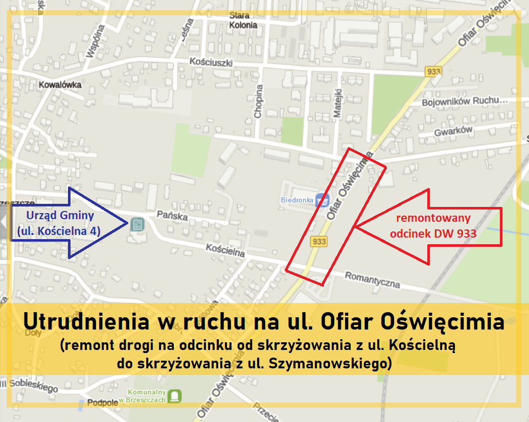 Grafika w mapką remontu drogi wojewódzkiej nr 933 ulica Ofiar Oświęcimia w Brzeszczach