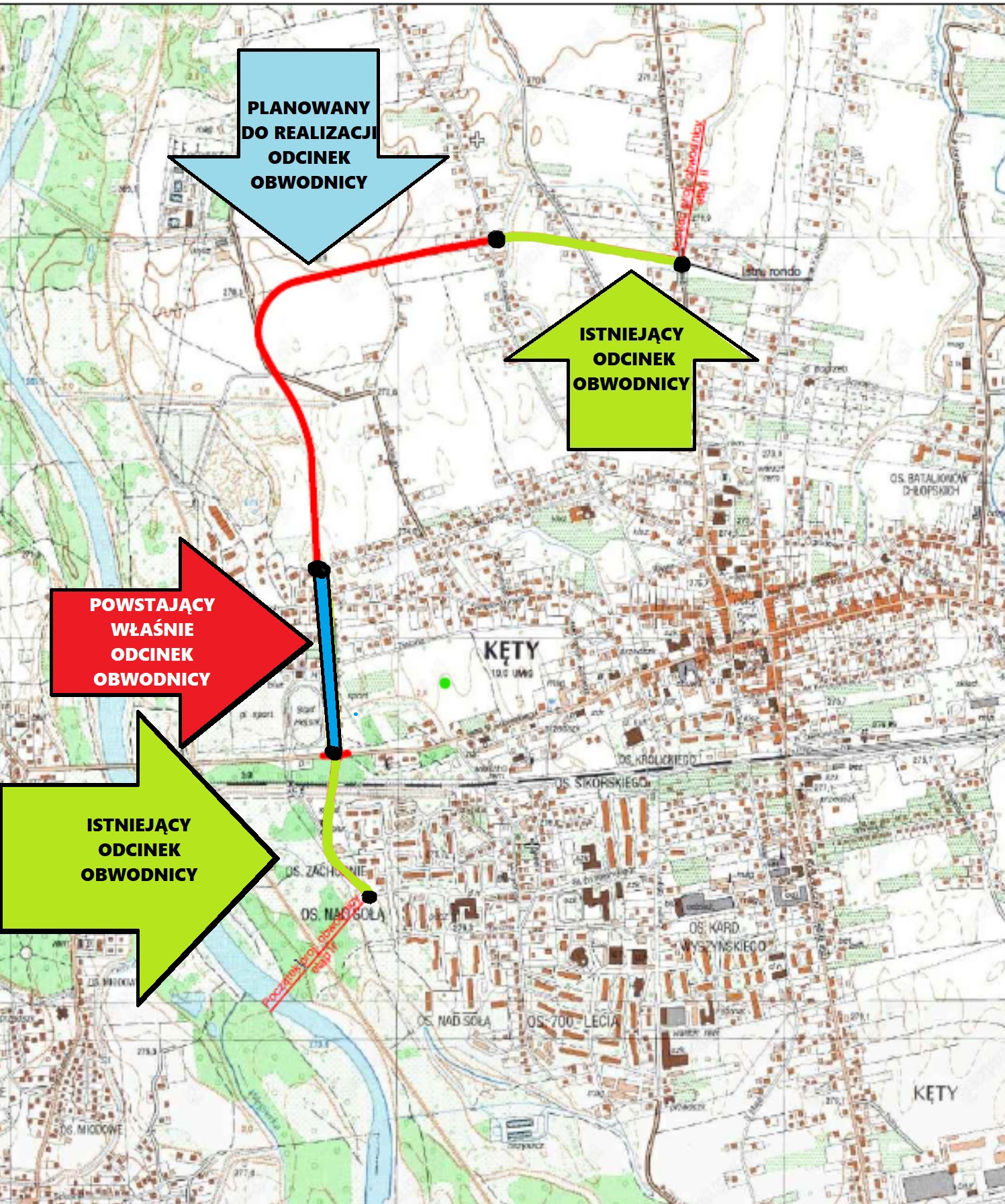 Mapa Kęt z zaznaczonymi odcinkami obwodnicy i tymi, które zostaną zbudowane.