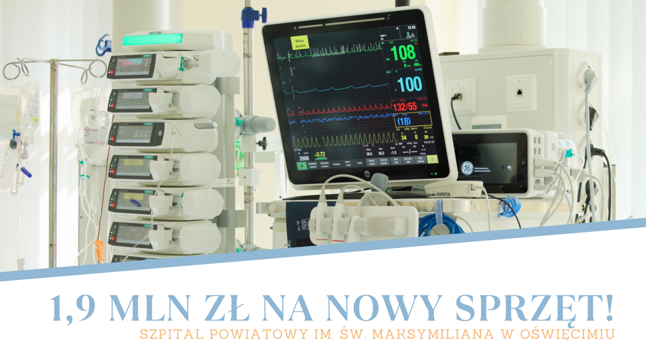 Grafika z informacją 1,9 mln zł dla szpitala na nowy sprzęt medyczny