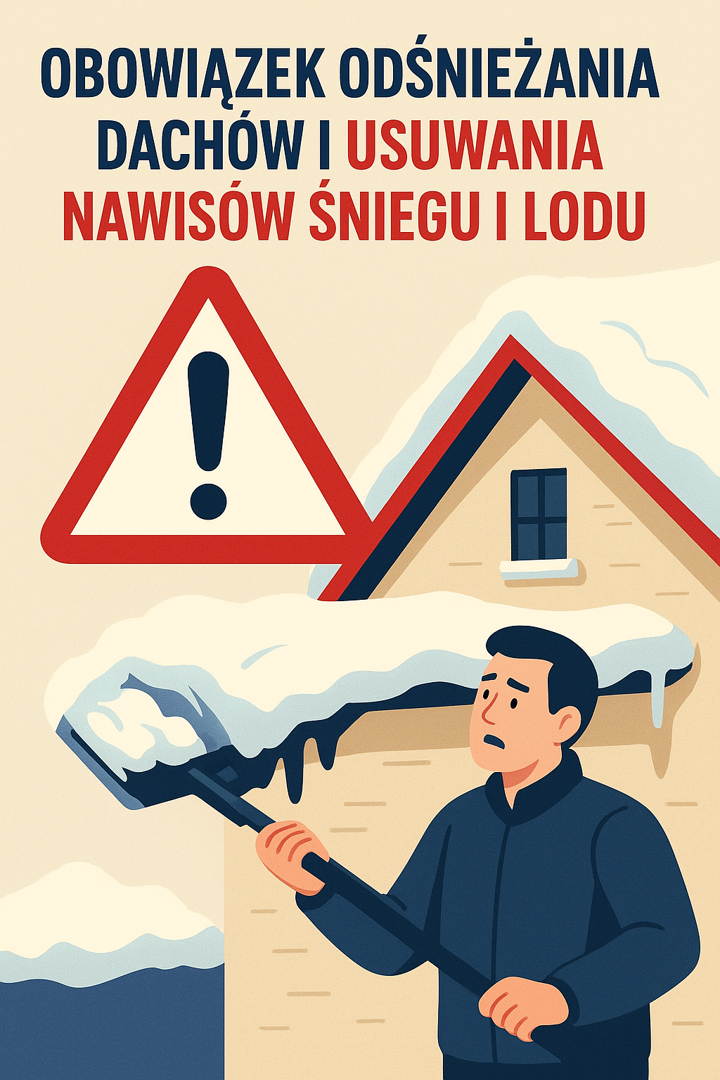 Grafika z mężczyzną usuwającym łopatą śnieg z dachu