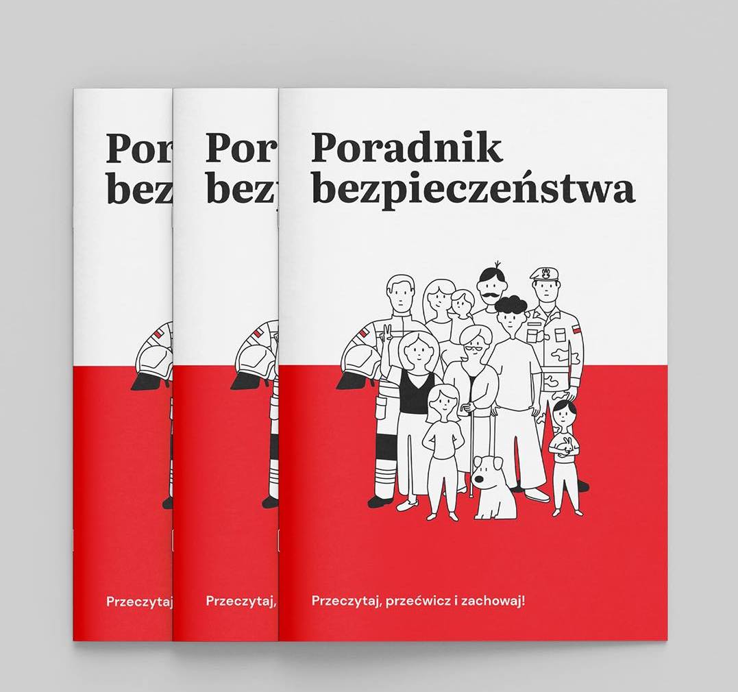 Biało-czerwona okładka z rysunkiem rodziny oraz napisem Poradnik bezpieczeństwa