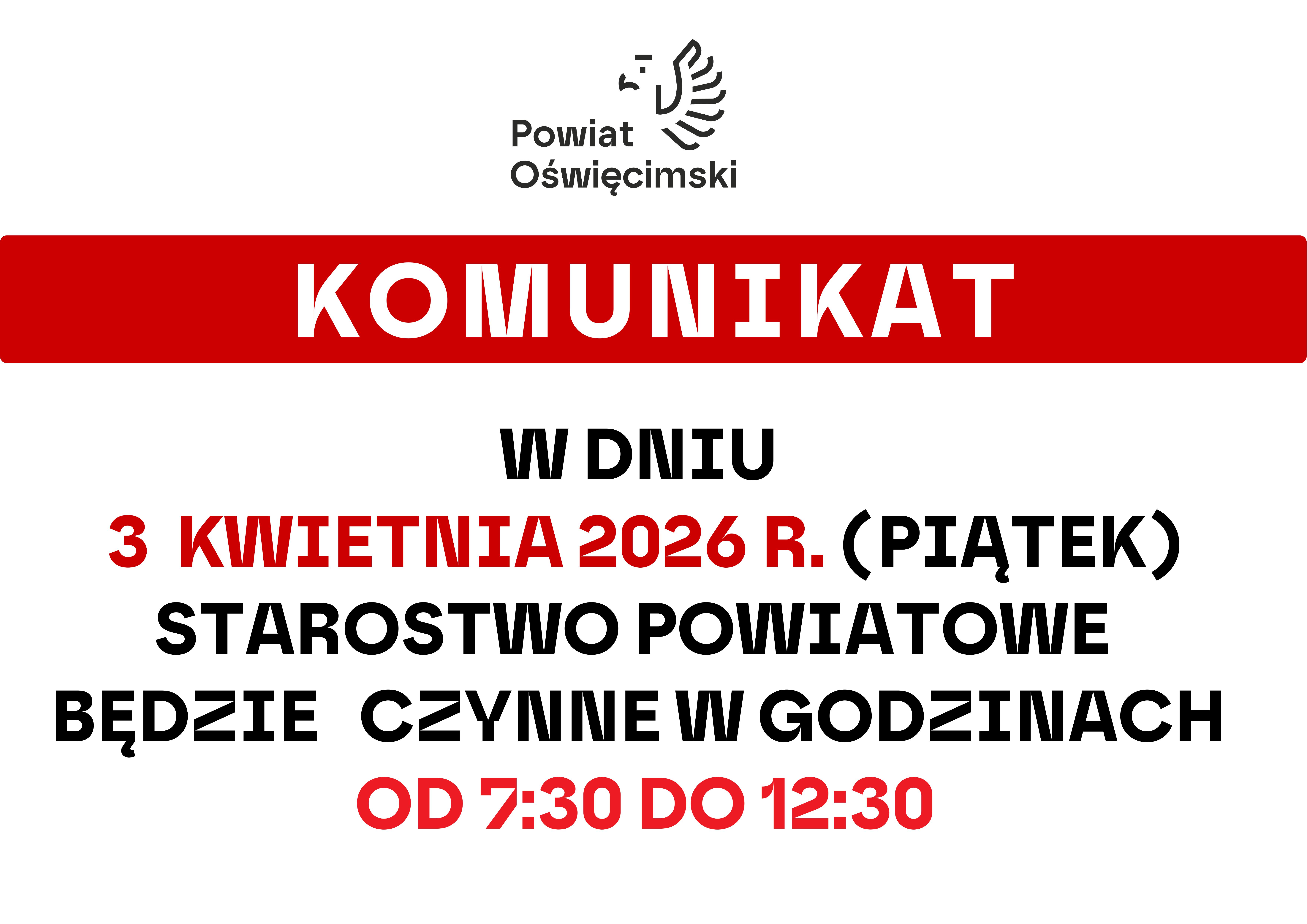 Grafika z informacją o skróceniu czasu pracu starostwa w dniu 3 kwietnia 2026 roku