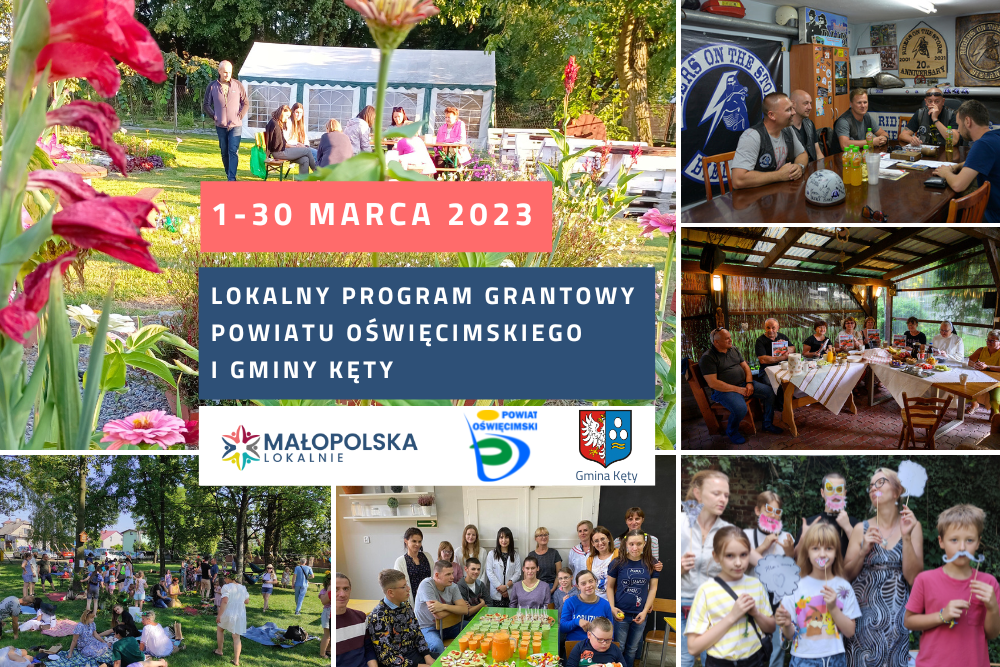 Na grafice złożonej z kilku zdjęć napis Lokalny Program Grantowy Powiatu Oświęcimskiego i Gminy Kęty