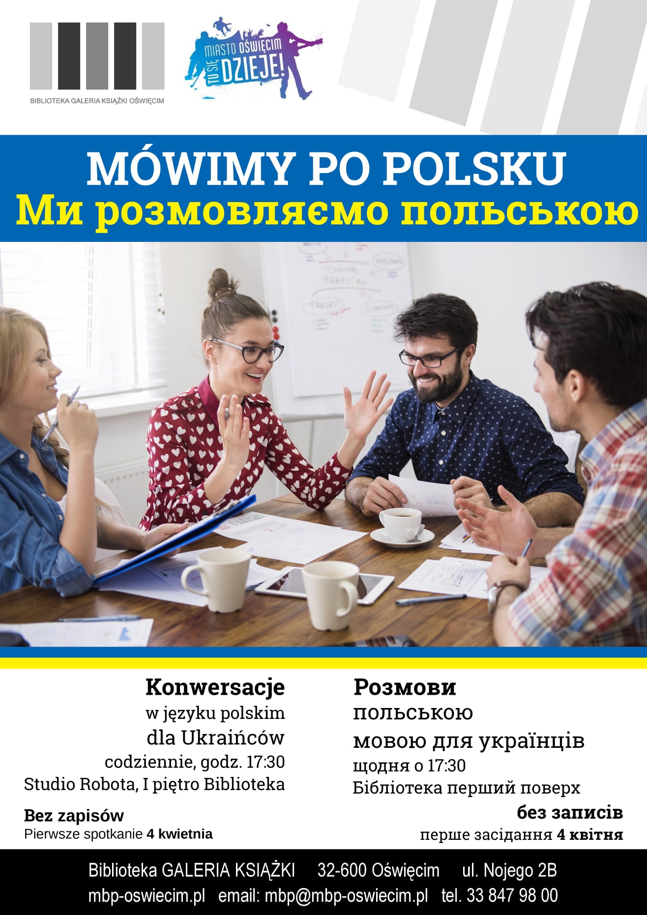 Grafika z napisem "mówimy po polsku" i zdjęciem z grupą konwersujących osób.