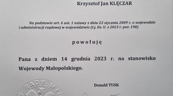 Obraz główny aktualności o tytule Burmistrz Kęt nowym Wojewodą Małopolskim 